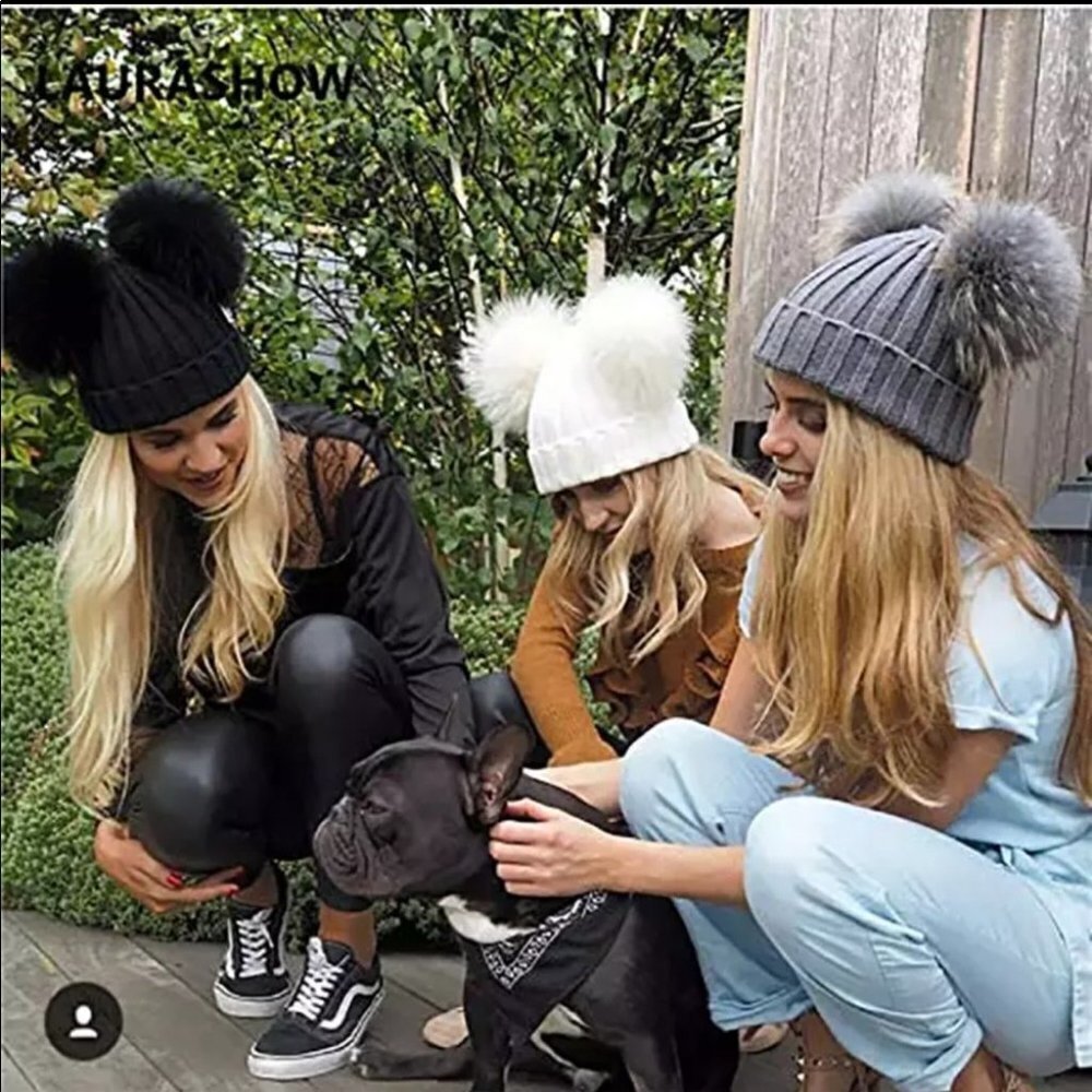 White Knitted Pom Pom Beanies